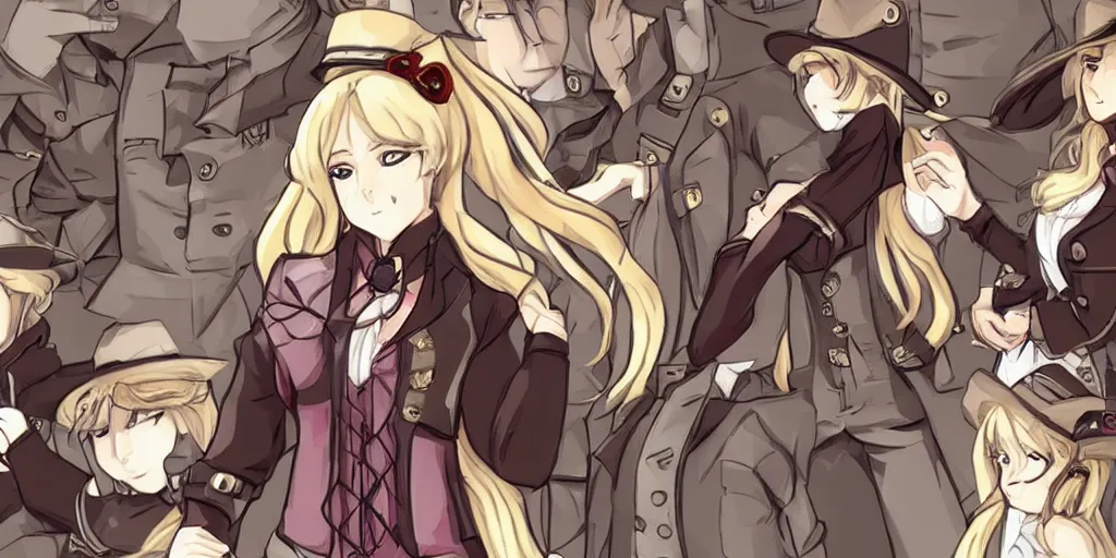 Prompt: visual novel sprites of a blonde haired steampunk detective girl, 2 d,