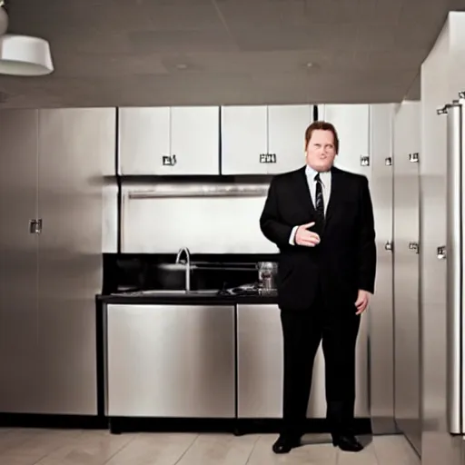 Prompt: Andy Richter is wearing a black suit and necktie and standing in a kitchen in front of an open refrigerator. There is a bright white light coming from inside the refrigerator.