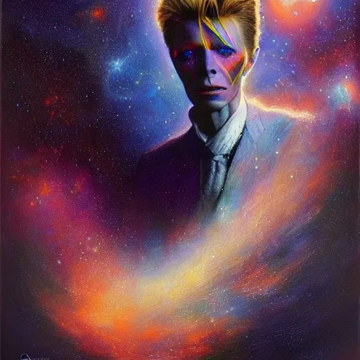 Image similar to UHD tonalism cosmic painting of David Bowie, by Antonio Caparo and Ferdinand Knab and Greg Rutkowski, UHD, photorealistic, trending on artstation, trending on deviantart