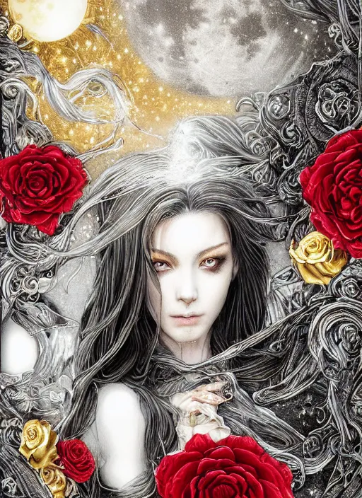 Prompt: silver and golden elements at frame borders, portrait, A beautiful dark witch in front of the full big moon, book cover, red roses, red white black colors, establishing shot, extremly high detail, foto realistic, cinematic lighting, pen and ink, intricate line drawings, by Yoshitaka Amano, Ruan Jia, Kentaro Miura, Artgerm, post processed, concept art, artstation, matte painting, style by eddie, raphael lacoste, alex ross