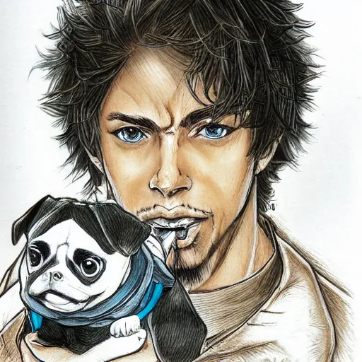 Image similar to self portrait, young white hispanic handsome man with short light brown hair and light skin and a 5 o clock shadow and holding a pug while fighting against 2 swordsmen pencil art, added detail, high definiton, colored, backfacing, illustrated by yoji shinkawa