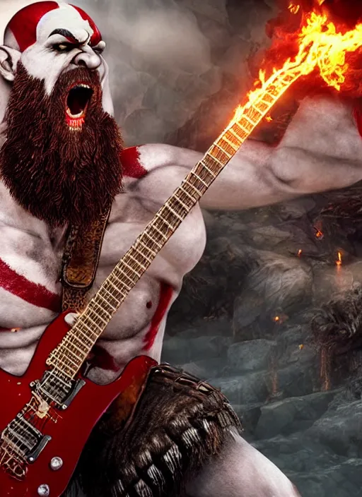 Prompt: screaming kratos rocking out on a flaming stratocaster guitar, cinematic render, god of war 2 0 1 8, playstation studios official media, lightning, flames, red left eye stripe, left eye stripe, left eye stripe, left eye stripe, clear, coherent