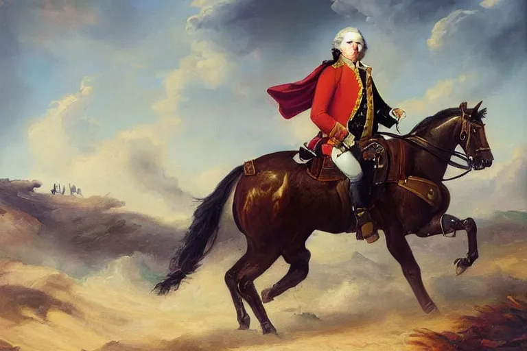 Prompt: “An oil painting of George Washington riding in an open top attack mech trending on artstation”