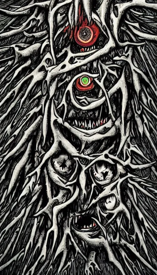 Image similar to a storm vortex made of many demonic eyes and teeth over a forest, by schizophrenia patient