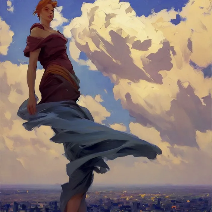 Image similar to greg manchess painting of giganta, cityscape, calm, fantasy character portrait, dynamic pose, above view, thunder clouds in the sky, artwork by jeremy lipkin and giuseppe dangelico pino and michael garmash and rob rey and greg manchess and huang guangjian and makoto shinkai, very coherent artwork, sharp edges, perfect face, simple form, 1 0 0 mm