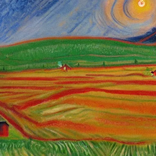 Image similar to a small vintage farm on fire in a corn field in the style of Edvard Munch