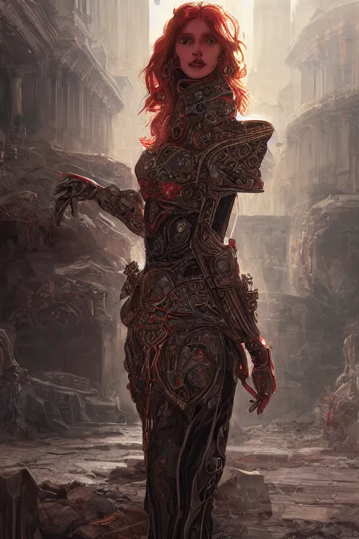 Prompt: portrait knights of Zodiac girl, metallic black and reddish reflected armor, in ruined Agora of Athens, ssci-fi, fantasy, intricate, very very beautiful, elegant, highly detailed, digital painting, artstation, concept art, smooth, sharp focus, illustration, art by tian zi and WLOP and alphonse mucha