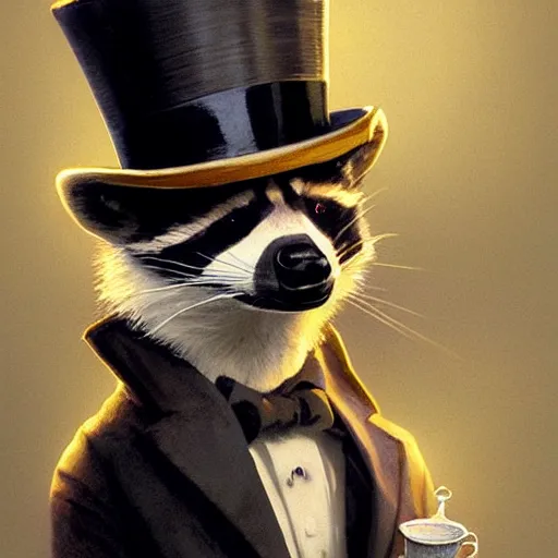 Image similar to a raccoon with a top hat holding a tea cup, intricate, highly detailed, digital painting, artstation, concept art, smooth, sharp focus, illustration, unreal engine 5, 8 k, art by artgerm and greg rutkowski and alphonse mucha