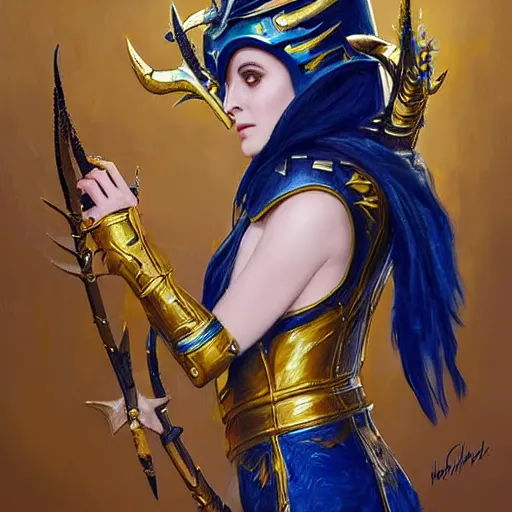 Image similar to painting of a woman in elaborate blue and gold armor with spiked horns on her helmet, painting by Charlie Bowater and WLOP