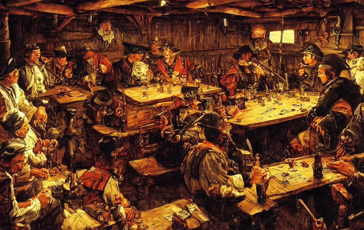 Prompt: a painting of a pirates playing cards in a cabin of a 16th century galley, dark lighting, by Norman Rockwell