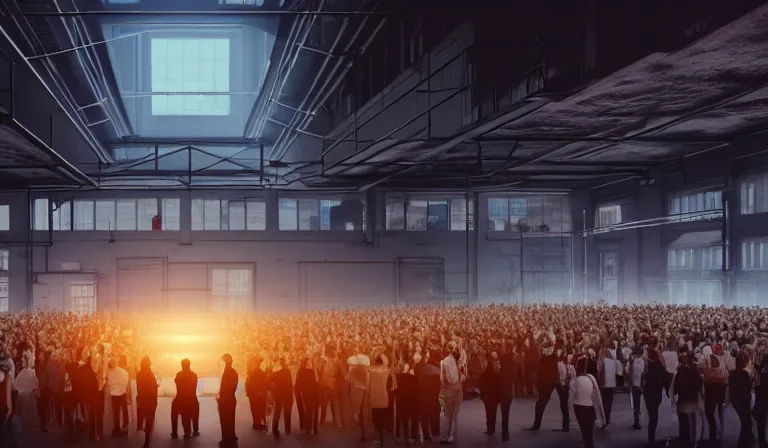 Image similar to crowd of people in simple walled warehouse, looking at hologram of futuristic city on a table, cinematic concept art, godrays, golden hour, natural sunlight, 4 k, clear details, tabletop model buildings, center model buildings, hologram center, crane shot, crane shot, crane shot