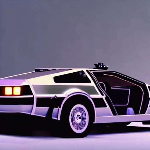 Image similar to still photo of delorean back to the future, highly detailed, photorealistic, bright studio setting, studio lighting, crisp quality and light reflections, unreal engine 5 quality render