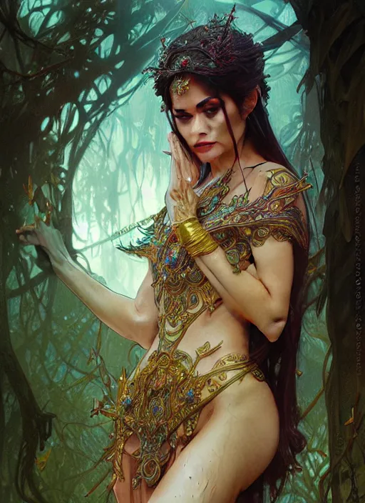 Image similar to kuntilanak on tree, d & d, wet, shiny, fantasy, intricate, elegant, highly detailed, digital painting, artstation, concept art, smooth, sharp focus, illustration, art by artgerm and greg rutkowski and alphonse mucha