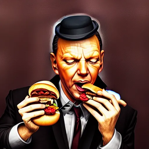 Image similar to portrait of a Frank Sinatra eating a hamburger, extra onions and ketchup, luscious patty with sesame seeds, masculine, handsome, D&D, fantasy, intricate, elegant, highly detailed, digital painting, artstation, concept art, matte, sharp focus, illustration, art by Artgerm and Greg Rutkowski and Alphonse Mucha