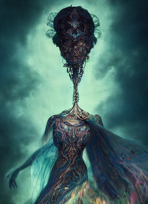 Image similar to epic portrait of menacing and agitated yet stunningly beautiful biomechanical djinn overseeing the iridescent fabric of the universe, by charlie bowater, mandy jurgens, gustav klimt, octane render, dramatic camera angle, 4k, 8k, high detail, HDR, by tom bagshaw, powerful, with inspiration from Beksinski, inspired by greek goddess Athena