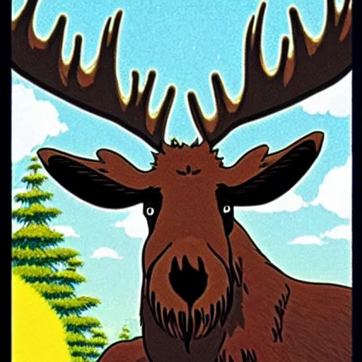 Image similar to \'Moose God\' by Studio Ghibli, now considered by art critics to be one of the most iconic and beautiful pieces of art in the 21st century