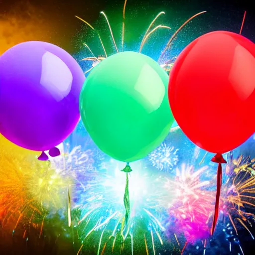 Image similar to Bright, man in distance. colourful montage, photorealistic, layered, balloons, fireworks, birds