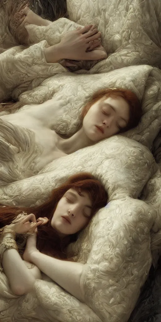 Prompt: sleeping queen, masterpiece by Edgar Maxence and Ross Tran and Michael Whelan, 8k, octane render