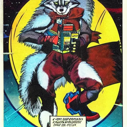 Image similar to 1 9 8 0 s comic book cover scan featuring a portrait of villain male wolf o'donnell anthropomorphic wolf furry fursona from starfox wearing a dark space mercenary uniform, dark grey wolf, handsome eyes, wolf o'donnell