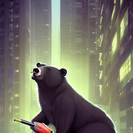 Image similar to a black bear wearing a suit and tie with a cigarette in his mouth, cyberpunk art by Cyril Rolando, featured on deviantart, furry art, furaffinity, smokey background, digital painting