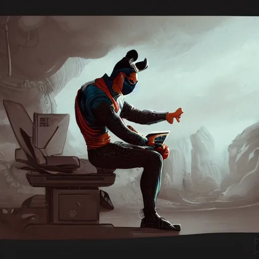 Image similar to an insanely detailed painting of a asian man wearing a homemade superhero costume and mask, sitting at a computer desk typing on the keyboard, in the style of peter mohrbacher, dramatic lighting and composition, trending on artstation, concept art, comic book, graphic novel, back view