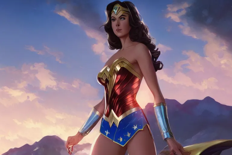 Image similar to young lynda carter as 7 0 s wonder woman, single subject, scenic full shot, ambient lighting, detailed face, by makoto shinkai, stanley artgerm lau, wlop, rossdraws