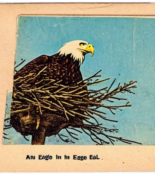 Image similar to damaged postcard of 'an eagle in the nest of a snowy pine tree' laying on table, long shot