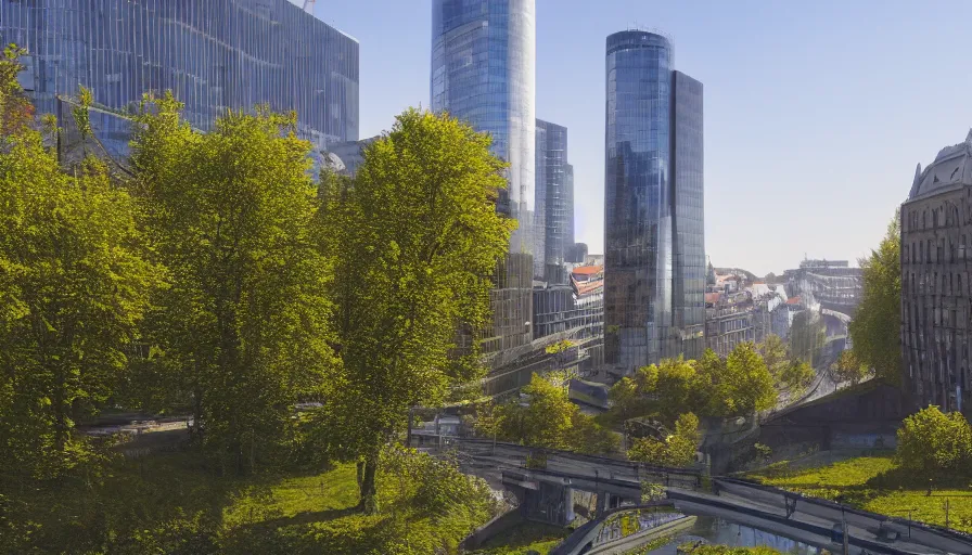 Prompt: liege, belgium with humongous glass buildings, roads, sunny day, train station, trees, river, hyperdetailed, artstation, cgsociety, 8 k