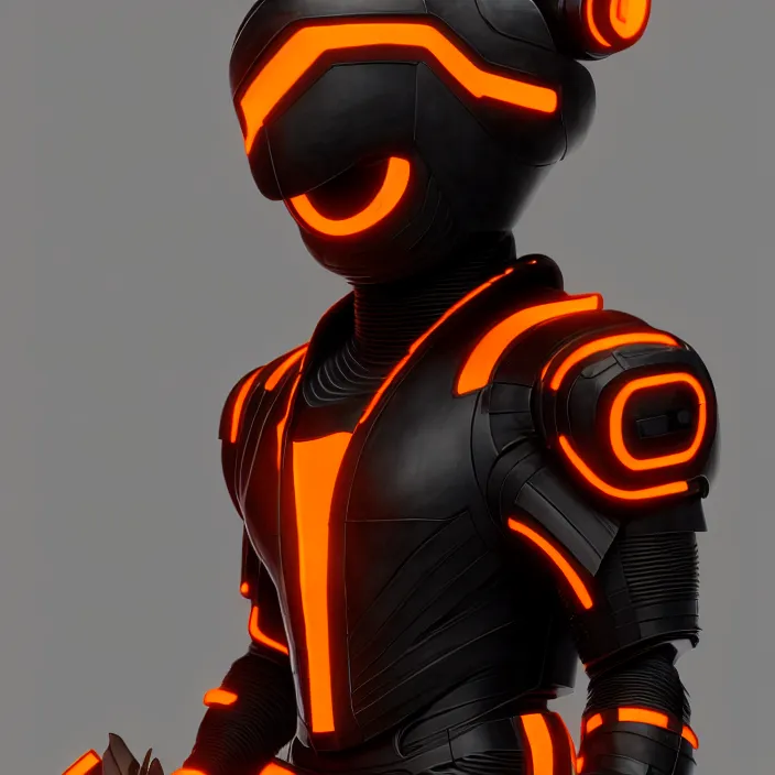 Image similar to a vertical portrait of a character in a futuristic room, black and orange armor, highly detailed, render, vray, octane, realistic lighting