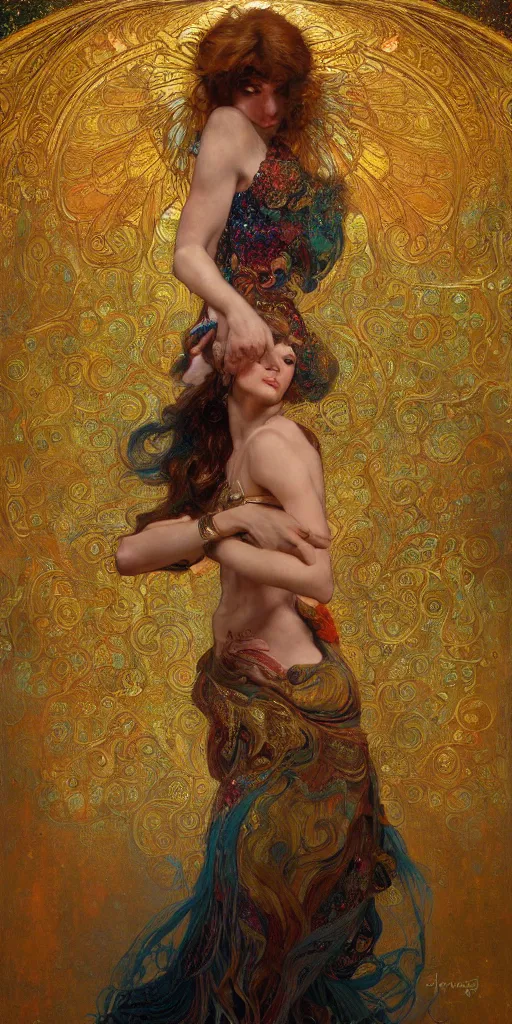 Image similar to an intricate painting of an artistic pose beautiful angel with an artistic pose, hyper - detailed, covered in fancy silk cloth with klimt motives, octane render, vivid colors, artstation, by jeremy mann, by alphonse mucha, by boris vallejo, by gustav klimt