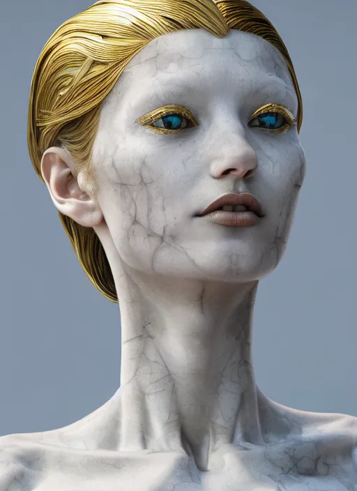 Image similar to a statue made of white marble with gold veins, of an gorgeous futuristic cybernetic angel girl, prostheses, transhumanism, full body shot, perfect symmetrical body, perfect symmetrical face, hyper realistic, hyper detailed, by johannen voss, by peter kemp, by monia merlo, by michelangelo, octane render, blender, 8 k