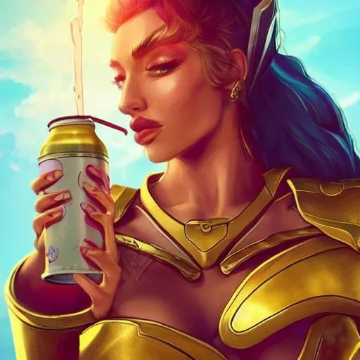 Image similar to leona from league of legends wearing gold and scarlet armor drinking a soft drink out of a blue can on a hot summer day at the beach. she is wearing wearing gold and scarlet armor. digital illustration, trending on artstation, highly detailed, excellent beautiful lighting,