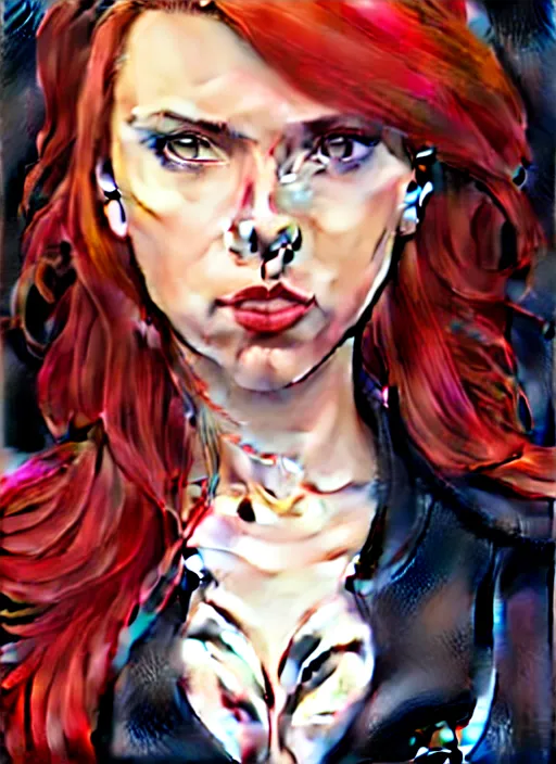 Image similar to phil noto, artgerm, pretty scarlett johansson black widow, symmetrical eyes, long red hair, full body, city rooftop