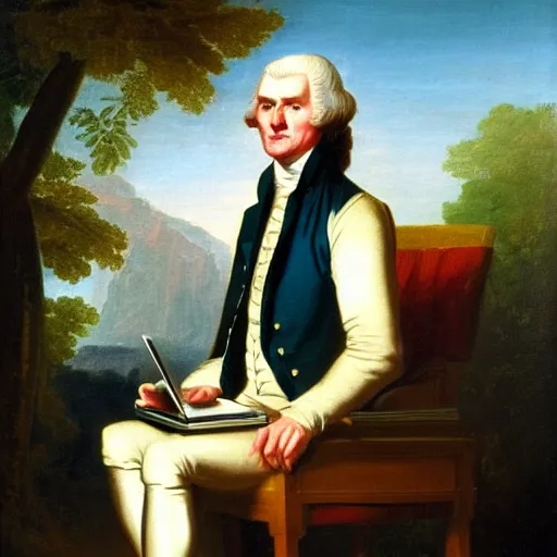 Prompt: Thomas Jefferson sits at a wooden desk in Monticello with a laptop, 1790 oil painting, summer sunlight