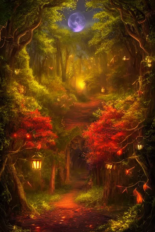 Prompt: a beautiful digital glossy clear sharp of a detailed gothic fantasy fireflies forest trees roots mushrooms fireflies moonlight and iron gate cobblestone pathway vines colorful sky by james gurney, 8 k resolution trending on artstation concept art digital illustration