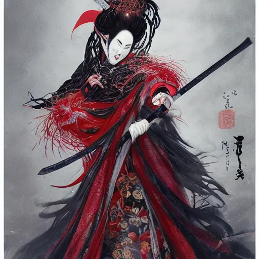 Image similar to an epic portrait of insane kabuki wielding a spear, magical aura of insanity, intricate hakama, poofy red wig, eerie, highly detailed, dark fantasy, art by artgerm and greg rutkowski