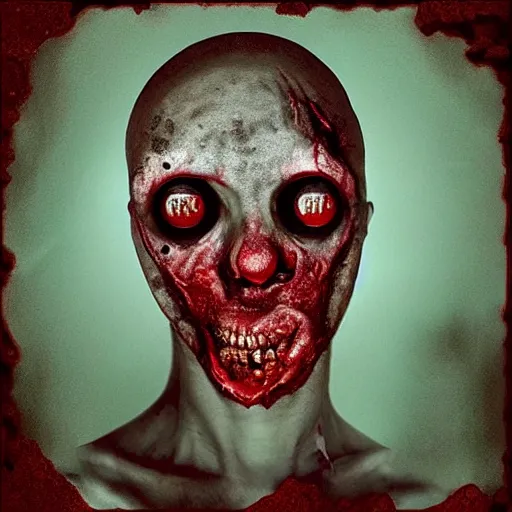 Prompt: “ an abomination creation, skin and vein covered pustule protrusions of decay and rot, oil covered red eyeballs glisten in the dark moody atmosphere, award winning digital art ”