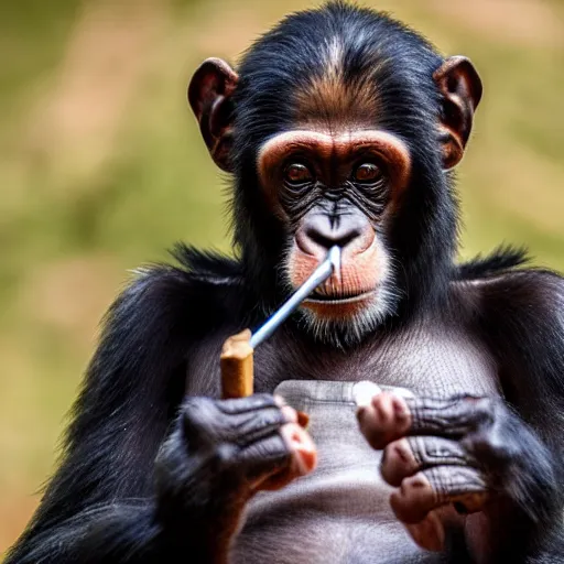 Image similar to a high detail closeup shot of a chimp wearing a suit, smoking a cigar