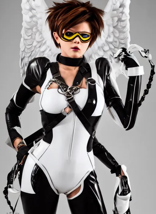 Image similar to full body artwork of tracer overwatch, wearing white latex and leather straps catsuit outfit, in style of mark arian, angel wings, dramatic painting, wearing detailed leather collar, chains, black harness, detailed face and eyes,