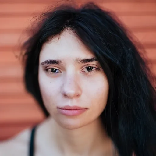 Image similar to young woman with shoulder - length messy black hair, slightly smiling, 1 3 5 mm nikon portrait