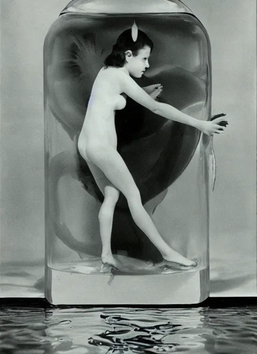 Prompt: girl in a aquarium as a tropical fish, surreal photography by Man Ray