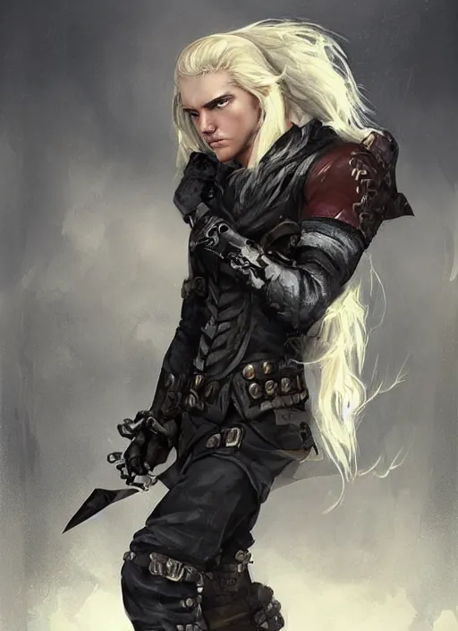 Prompt: a blonde boy thief with a metal armband in the style of eve ventrue