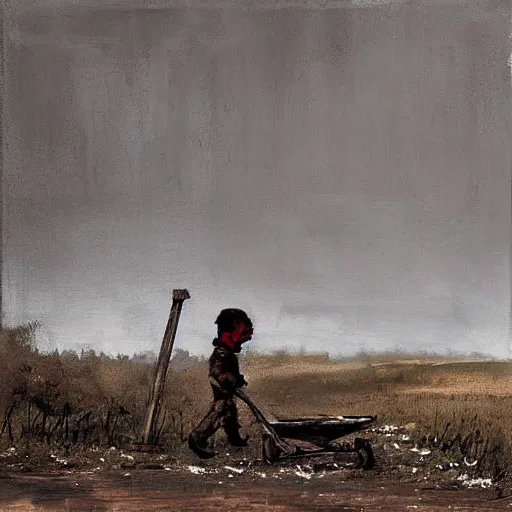 Prompt: painting by jakub rozalski of a child walking with a wheelbarrow in an abandoned post soviet town infested with root monsters