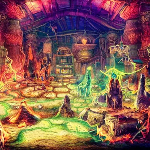 Image similar to these monsters are consumed by fire, yet they remain unharmed. they are surrounded by the tools of the alchemist's trade - beakers and test tubes full of colorful liquids, crystals, and books of ancient knowledge. the scene is suffused with an eerie glow, as if something magical is happening here. dramatic lighting epic glows eerily beautiful photograph