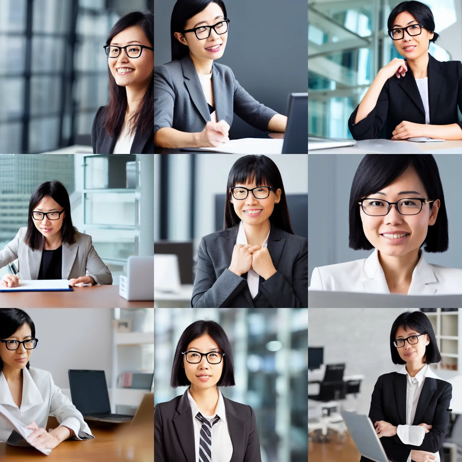 Prompt: asian female manager with glasses looking at resumes