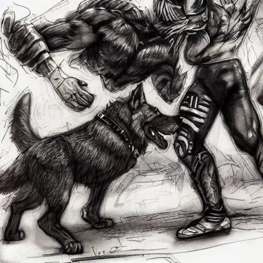 Image similar to a humanoid german shepherd beast - man wrestling with another german shepherd in the middle of an arena, pencil art, added detail, high definiton, colored, aerial viewyoji shinkawa