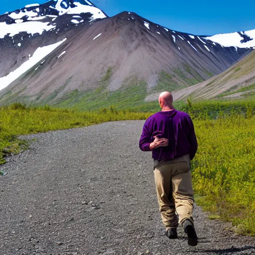 Prompt: bald man trekking in alaska,