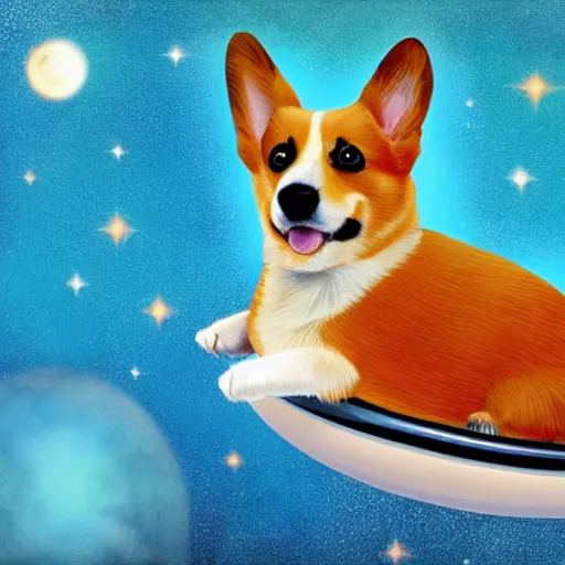 Image similar to surreal digital painting of a corgi floating in space