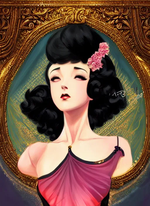 Image similar to a beautiful dancer with black hair in 1920's fashion, ballroom background, intricate, highly detailed, digital painting, artstation, official media, anime key visual, concept art, rich vivid colors, ambient lighting, sharp focus, illustration, art by Artgerm, Makoto Shinkai, Ilya Kuvshinov, Lois Van Baarle, and Rossdraws