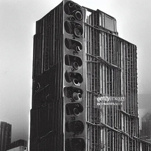 Prompt: 60s movie still of a cyberpunk city made of speakers by Irving Penn, Cinestill 800t 35mm black and white, heavy grainy picture, very detailed, high quality, 4k, HD criterion, dramatic lightning, precise texture, gettyimages